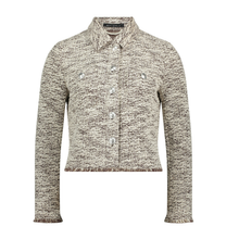 Load image into Gallery viewer, A cropped, long-sleeve knit jacket with a textured marled pattern in beige, brown, and gray, featuring a button-up front and a pointed collar.