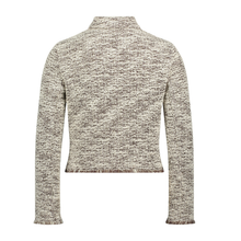 Load image into Gallery viewer, A cropped, long-sleeve knit sweater with a high mock neck, featuring a marled heathered texture in beige and brown tones, shown against a plain white background.