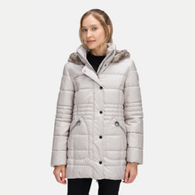 Load image into Gallery viewer, Woman wearing a light gray puffer coat with a fur-lined hood on a white background