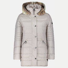 Load image into Gallery viewer, Beige winter coat with a fur-lined hood on a white background