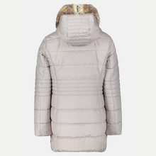 Load image into Gallery viewer, Light gray winter coat with a fur-lined hood on a white background