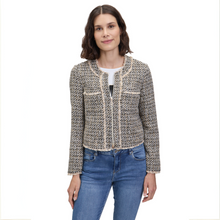 Load image into Gallery viewer, Woman wearing a tweed like jacket and blue jeans on a white background