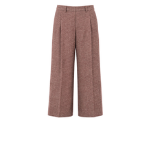 Load image into Gallery viewer, A pair of high-waisted, wide-leg cropped trousers in a textured, heathered dusty rose-brown fabric, shown against a plain white background.