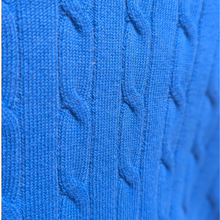Load image into Gallery viewer, Close up of Castle Sea Spirit cable Vee Neck Jumper, in blue.