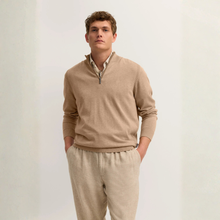 Load image into Gallery viewer, Model wearing sand colour jumper with zip detail over beige trousers