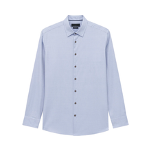 Load image into Gallery viewer, A light blue long-sleeve button-down shirt with a classic collar and dark buttons, shown flat against a solid white background.