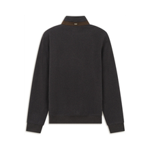 Load image into Gallery viewer, A dark brown textured quarter-zip sweatshirt shown from the back, featuring a contrasting brown collar and ribbed cuffs and hem, displayed on a clean white background.