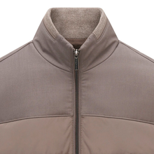 Load image into Gallery viewer, Close-up of a taupe-brown puffer jacket with a ribbed knit stand-up collar and a central zipper.
