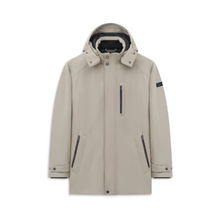 Load image into Gallery viewer, A light beige hooded jacket with black zipper details and silver snap buttons, displayed on a clean white background.
