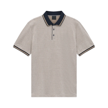 Load image into Gallery viewer, Beige striped polo shirt with dark collar and trim on a white background