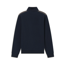 Load image into Gallery viewer, A dark navy blue long-sleeve quarter-zip sweatshirt shown from the back, featuring contrasting dark gray shoulder panels, on a solid white background.