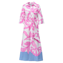 Load image into Gallery viewer, Pink and white floral dress with a blue hem on a white background