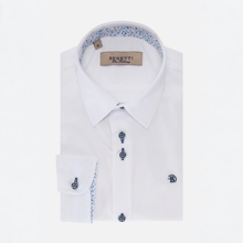 Load image into Gallery viewer, White dress shirt with floral trim and Benetti label on a white background
