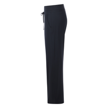 Load image into Gallery viewer, Side of the navy jersey straight leg trousers on a white background.