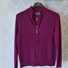 Load image into Gallery viewer, Plum cardigan on hanger with bright background