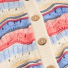 Load image into Gallery viewer, Close-up of a knitted cardigan with colorful stripes and wooden buttons.