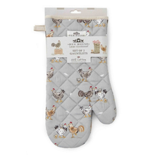 Load image into Gallery viewer, Set of two quilted oven mitts with chicken pattern on a white background