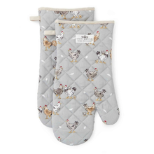 Load image into Gallery viewer, Pair of oven mitts with chicken pattern on a gray background