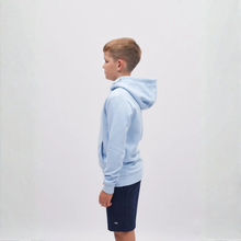 Load image into Gallery viewer, Person wearing a light blue hoodie and dark shorts on a white background