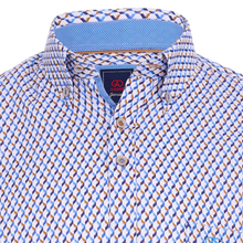 Load image into Gallery viewer, Close-up of a patterned shirt with a brand label on a white background