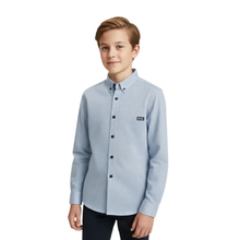 Load image into Gallery viewer, Boy in Blue print Shirt on White Background