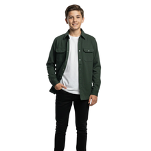 Load image into Gallery viewer, Boy wearing a green shirt over a white shirt with black pants on a white background