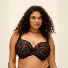 Load image into Gallery viewer, A plus-size woman with curly dark hair wearing a black lace underwire bra, photographed against a plain light beige background.