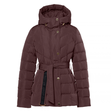 Load image into Gallery viewer, A women's quilted puffer coat in a deep plum-brown color, featuring a hood, a matching waist tie belt, and brass-tone snap buttons. The Belloconte brand name is visible on the inner lining of the belt.
