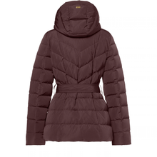 Load image into Gallery viewer, A dark brown hooded puffer jacket with a belted waist, shown from the back on a plain white background.