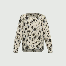 Load image into Gallery viewer, A long-sleeve crewneck top with an abstract black, gray, and brown watercolor-style print on a cream-colored background, shown against a light gray studio backdrop.