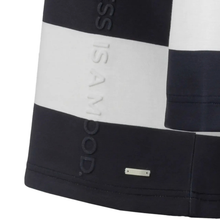 Load image into Gallery viewer, Close-up of a black and white striped garment with branding on a white background