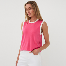 Load image into Gallery viewer, Woman wearing a pink sleeveless top with white trim on a white background