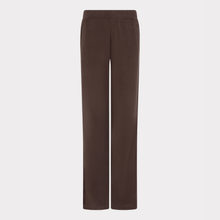 Load image into Gallery viewer, A pair of dark brown wide-leg trousers shown flat against a light gray background.