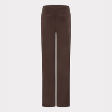 Load image into Gallery viewer, A pair of dark brown wide-leg trousers shown from the back, featuring a straight waistband and two welt pockets, set against a plain light gray background.