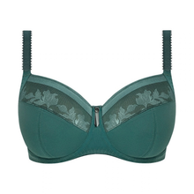 Load image into Gallery viewer, A dark teal green wireless bra with a center zipper, featuring sheer floral-patterned mesh panels across the cups and textured shoulder straps, shown against a plain white background.