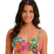 Load image into Gallery viewer, Woman wearing a colorful floral bikini top on a white background