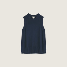 Load image into Gallery viewer, A sleeveless navy blue knit sweater vest with a crew neck and ribbed hem, displayed flat against a light beige background.