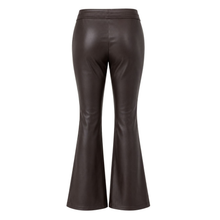Load image into Gallery viewer, Dark brown faux leather flare pants shown from the back on a white background.