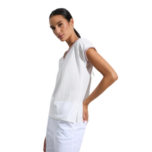 Load image into Gallery viewer, Woman wearing a white top with red accents on a white background