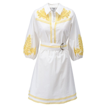 Load image into Gallery viewer, White dress with yellow embroidery on a white background