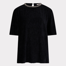 Load image into Gallery viewer, Front view of Esqualo Woman's Velour Top in black, with neck detail around collar.
