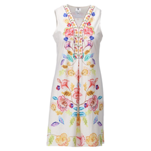 Load image into Gallery viewer, White sleeveless dress with colorful floral embroidery on a white background