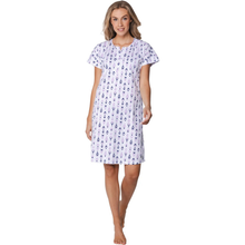 Load image into Gallery viewer, Woman wearing a patterned nightgown on a white background