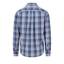Load image into Gallery viewer, A long-sleeve plaid button-up shirt shown from the back, featuring a navy blue base with white and red intersecting plaid lines.
