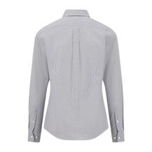 Load image into Gallery viewer, A women's long-sleeve button-down shirt shown from the back, featuring a fine micro-pattern of small white dots on a light gray background.