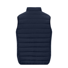 Load image into Gallery viewer, A dark navy blue puffer vest shown from the back, featuring horizontal quilting and a high collar, set against a plain white background.