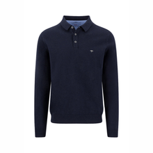 Load image into Gallery viewer, Navy long-sleeve polo shirt with brand logo on a white background