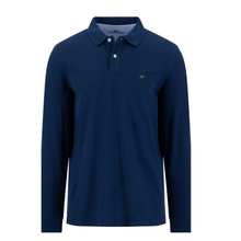 Load image into Gallery viewer, A long-sleeve polo shirt in dark navy blue, featuring a small embroidered bird logo on the left chest and a two-button placket, shown on a plain white background.