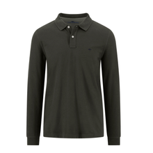 Load image into Gallery viewer, A dark olive green long-sleeve polo shirt shown from the back, displayed on a clean white background.