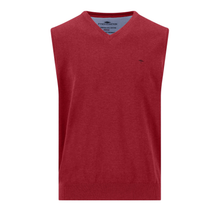 Load image into Gallery viewer, A red sleeveless V-neck knit sweater vest with a small embroidered logo on the left chest, displayed on a clean white background.
